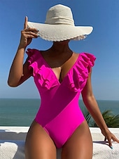 voordelige Eendelige badpakken-Dames Zwemkleding Een stukje Monokini Zwempak Ruche Blote rug Buikcontrole Hoge taille Slank Vakantie Strand Kleding Effen Kleur V-hals Mouwloos Badpakken