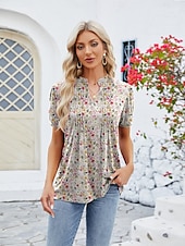 billige Kvinne Enkle Topper-Dame Boho T-skjorte Grafisk عادي Bohem søt stil Stilfull Kortermet Puffermer V-hals Vanlige topper Daglig Ut på byen Helg Trykt mønster Grå og Hvit Svart+Hvit+Grå Svart Lysegrønn Vin Sommer