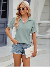 cheap Lace Tops-Women&#039;s Boho T-shirt Plain Bohemia Cute Stylish Short Sleeve Puff Sleeve V Neck Shirt Collar Regular Tops Daily Going out Weekend Ruffle Eyelet Sage Green Black White Pink Wine Summer