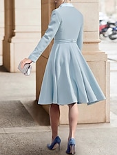 preiswerte Teelänge-Ä-Linie Smokingkleid Brautmutter Kleid Elegantes Vintage Einfacher Revers Tea Length Krepp Stretch Satin Stretchstoff Langarm Mit Einfarbig