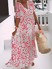ieftine Artă și design rochii-Pentru femei Rochie Maxi Rochii Tricou Rochie de schimb Rochie de vară Casual Vacanță Zilnic Fit regulat Grafic Manșon scurt În V Negru Roz Îmbujorat Portocaliu Trifoi Vară