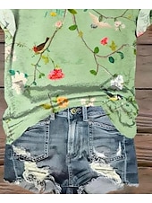 billige Blomster t-skjorte-Dame T skjorte Blomstret Grafisk Årgang Mote Stilfull Kortermet Rund hals Vanlige topper Daglig Ut på byen Helg Trykt mønster Gressgrønn Sommer