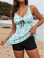 ieftine Tankinis-Costume de baie pentru femei Tankini 2 piese costum de baie tip boy leg fără spate controlul burticii înalt talie subțire vacanță plajă îmbrăcăminte florală gât U fără mâneci