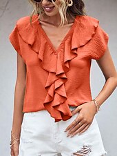 preiswerte Damen Einfache Oberteile-Damen Hemd Bluse Feste Farbe Elegant Täglich Stilvoll Kurzarm Fledermaus Ärmel V Ausschnitt Normale Oberteile Arbeit Täglich Abendgesellschaft Knopf Orange Grün Beige Sommer Frühling