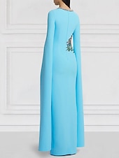 cheap Evening Dresses-Green Blue Floral Column Evening Gown Side Slit Dress Formal Wedding Guest Floor Length Short Sleeve Jewel Neck Stretch Crepe with Embroidery