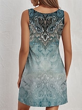 tanie Sukienki boho-Sukienka mini damska Sukienka codzienna Sukienka petite Sukienka plażowa Sukienka letnia Sukienka casualowa Wczasy codzienne Wakacje Regular Fit Graficzna Paisley Bez rękawów Okrągły dekolt Niebieska