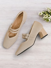 cheap Block Heels-Breathable Fly-knit Mary Jane Pumps with Double Buckle Detail and Chunky Heel, Elegant Style for Women, Ideal for Work, Events and Formal Occasions