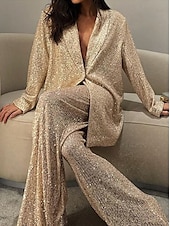 billige Mammas buksedresser-smoking todelt buksedress blazer aftenkjole elegant kjole formell bryllup gulvlengde langermet skjortekrage paljett med sløyfe(r) splitt 2025