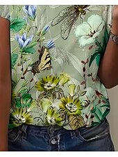 economico T-shirt floreale-Per donna maglietta Rosa Floreale Pop art Elegante Vintage Di tendenza Manica corta Rotonda Top regolari Giornaliero Per uscire Fine settimana Stampa Verde Estate