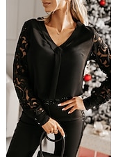 ieftine Topuri din dantelă-Bluză Pentru femei Negru Alb Culoare solidă / simplă Dantelă Zilnic Elegant În V Fit regulat S