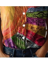 economico Top a Righe e Geometrici per Donne-Camicia da donna a maniche corte con scollatura a V e bottoni blusa floreale elegante vintage tropicale colletto regolare top quotidiani stampa arancione estate