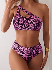 billiga Bikiniset-Dam Badkläder Bikini 2 st Kaxig Baddräkt Öppen rygg Smal Semester Standkläder Leopard Asymmetrisk hals Ärmlös Baddräkter