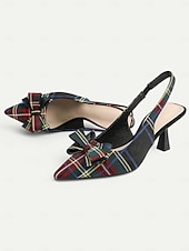 cheap Slingback Pumps-Women's Tartan Plaid Slingback Heels – Pointed Toe Kitten Heels with Bow Detail, Elegant Pumps for Parties &amp; Office Wear