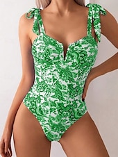 billiga One-piece-baddräkter-Dam Badkläder En bit Monokini Baddräkt Öppen rygg Magkontroll Hög midja Smal Semester Standkläder Blommig V-slits Ärmlös Baddräkter