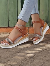 olcso Nyári szandálok-női houndstooth espadrille ékszandál bokapánttal – hétköznapi nyári platformszandál nyaraláshoz és mindennapi viselethez