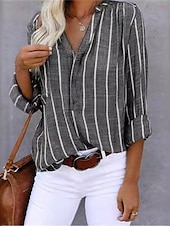 voordelige Overhemden-Dames Overhemd Linnen-geïnspireerde overhemden Knoop omhoog Gestreept Dagelijks Stijlvol Basic Lange mouw Overhemdkraag Normale tops Werk Dagelijks Feestdagen Knop Khaki Donkergrijs Licht Blauw Lente