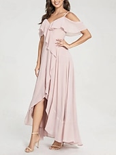 cheap Bridesmaid Dresses-A-Line Bridesmaid Dress V Neck / Spaghetti Strap Short Sleeve Elegant Asymmetrical Chiffon with Split Front / Ruching