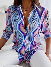 economico Top a Righe e Geometrici per Donne-Camicia da donna basic neon e bottoni geometrici stampa maniche lunghe top regolare colletto casual blu marrone verde primavera autunno