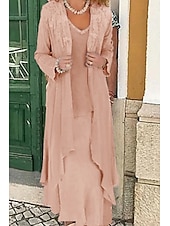ieftine Cu jacheta-Rochie de mamă a miresei în două piese A-Line pentru nunta pe plajă Invitat formal la nuntă Elegant Mărime mare Casual Gât în V Largime din dantelă in amestec de bumbac fără mâneci Rochii cu aplicații