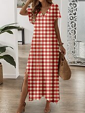 baratos Vestidos Listrados e Geométricos-Vestido Maxi Feminino Vestido Casual Vestido de Verão Vestido em A Estilo Casual Férias Diárias Ajuste Regular Xadrez Manga Curta Decote em V Vermelho Primavera Outono
