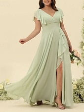 baratos Vestidos para Madrinhas-Linha A Vestido de Madrinha Decote V Manga Curta Elegante Longo Chiffon com Fru-Fru / Franzido 2022
