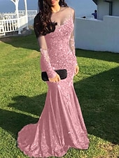 preiswerte SCHWARZ-Meerjungfrau Schwarzes Kleid Abendkleid Paillette Prom Kleid Funkelnd Formal Kleid Sweep  Brush Train Langarm Illusion Hals Spitze mit Applikationen Kleid für 2025 beeindrucken