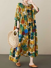 economico abiti stampati in cotone e lino-Per donna Abito maxi Abiti in cotone e lino Vestito Casual Abiti Boho Chic Essenziale Casual Vacanza Quotidiano Vestibilità regolare Grafico Manica Corta Girocollo Rosso Blu Estate