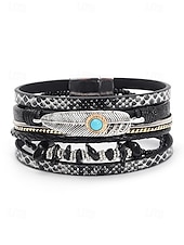 baratos Pulseira Feminina-Pulseira magnética de couro boho e turquesa - design ajustável em várias camadas com penas e pedras preciosas, perfeita para estilos casuais, de verão e festivais
