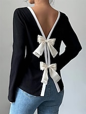 cheap Women&#039;s Work Tops-Women&#039;s Blouse Solid Color Stylish Casual Long Sleeve Crew Neck Regular Tops Daily Holiday Going out Backless Black Spring Fall Winter