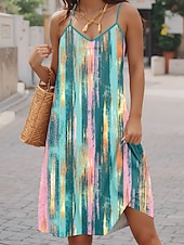 preiswerte Kunst &amp; Design Kleider-Damen Mini Kleid Freizeitkleid Petite Kleid Sommerkleid Urlaub Freizeit Täglicher Urlaub Regular Fit Grafischer Streifen Ärmellos V-Ausschnitt Grün Sommer
