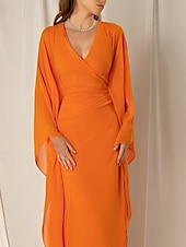 preiswerte ORANGE-Strandhochzeit Etuikleid Abendkleid Elegantes Kleid Formal Herbst Knöchellang Langarm V-Ausschnitt Chiffon mit Raffung Rüschen