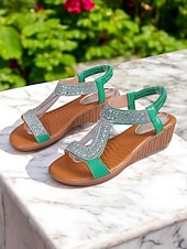 economico Sandali con zeppa-sandali con cinturino a T scintillanti per donna: sandali con zeppa comodi ed eleganti con accenti di strass, ideali per uscite informali, feste estive e occasioni speciali