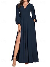 baratos Vestidos para Madrinhas-Linha A Vestido de Madrinha Decote V Manga Longa Elegante Longo Chiffon com Fenda Frontal / Franzido 2022