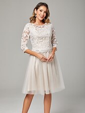 baratos Comprimento do chá-Vestido A-Line Mãe da Noiva Convidada de Casamento Elegante Decote Transparente Midi de Chiffon com Tule e Mangas 3/4 com Pregas e Aplicações 2025