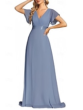 baratos Vestidos para Madrinhas-vestido de dama de honra linha a decote em v manga curta elegante comprimento até o chão chiffon com faixa / fita / franzido 2025