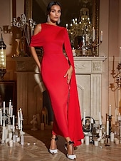 abordables Robes de cocktail-Robe cocktail fourreau  colonne Robe élégante invitée de mariage formelle longueur cheville sans manches cou bijou avec poche crêpe extensible avec châle