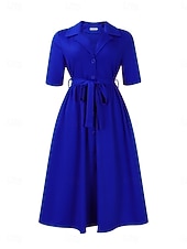 preiswerte Einfaches Kleid-Damen Midikleid blusenkleid A Linie Kleid Elegant Ausgefallene Arbeit Regular Fit Glatt Halbe Ärmel Hemdkragen Rote Königliches Blau Aprikose Sommer