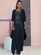 tanie Garnitury dla mamy-Suknia ślubna na plaży Jumpsuit  Garnitur 3 Elementy matki panny młodej Formalny Gość Weselny Elegancka Duża Okrągły Dekolt Długość Podłogi Chiffon Koronka Bez Rękawów z Aplikacjami 2025 darmowy