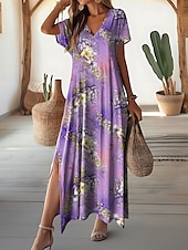 ieftine rochie florală-Pentru femei Rochie Maxi Rochie casual Rochie A line Stilat Casual Vacanță Zilnic Fit regulat Floral Manșon scurt În V Mov Primăvară Toamnă