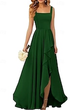 baratos Vestidos para Madrinhas-Linha A Vestido de Madrinha Correias / Decote Quadrado Sem Manga Elegante Longo Chiffon / Elastano com Pregas / Fru-Fru / Pregueado 2022