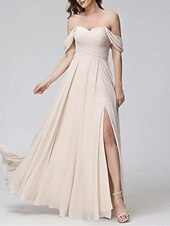 economico Abiti da damigella-Abito da damigella A-Line scollo a cuore maniche corte elegante lunghezza a terra chiffon con spacco frontale  arricciature