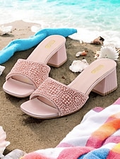 cheap Vacation Sandals-Women&#039;s Light Blue Pearl-Embellished Block Heel Mules – Elegant Open-Toe Slip-On Sandals for Summer Parties &amp; Evening Wear
