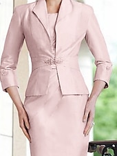 levne S bundou-Dvoudílné Sheath Matka Nevěsty Šaty Církev Elegantní Plus Size Šperkový Výstřih Délka po Kolena Satén Bez Rukávů s Krystaly Ruching Šaty na Dostihy volný vlastní rozměr