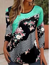 billige Boho t-skjorte-Dame T skjorte Nyanse Blomstret Grafisk Fritid Langermet Crew-hals Vanlige topper Daglig Trykt mønster Svart og grått Vår Høst