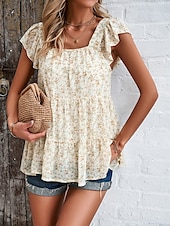 abordables Tops Graphiques pour Femmes-Femme Chemise Chemisier Floral mode Décontractées Manche Courte Col Carré Hauts réguliers du quotidien A Volants Imprimer Noir Jaune Rouge Beige Eté