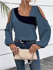 preiswerte Damen Einfache Oberteile-Damen Hemd Bluse Farbblock Elegant Täglich Stilvoll Langarm Laternenärmel U-Ausschnitt Normale Oberteile Arbeit Täglich Festtage Patchwork Wein Blau Beige Frühling Herbst