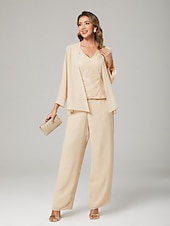 abordables Longueur du plancher-Combinaison  pantalon 3 pièces robe de la mère de la mariée invité de mariage formel élégante encolure en V longue jusqu&#039;au sol robe en chiffon avec dentelle manches longues blazer avec appliqués