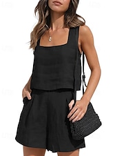 preiswerte Sets-Damen Mode Streetwear Hemd Baumwoll-Leinen-Sets Zweiteilige Sets Leinenhosen Baggy-Shorts Ärmellos Quadrathals Einfarbig Alltagskleidung Date Schwarz Braun Khaki Sommer Normale Passform