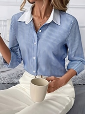 voordelige Dames grafische tops-Dames Overhemd Blouse Gestreept Stijlvol Casual Lange mouw Overhemdkraag Normale tops Dagelijks Knop Afdrukken blauw Zomer Lente