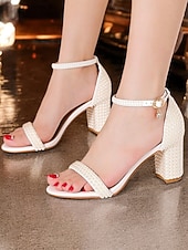 abordables Semi-formel-sandales à talons compensés ornées de perles – talons élégants à bout ouvert et bride à la cheville pour femmes pour mariages et événements formels